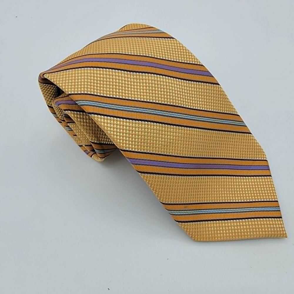 Fusion Men's Necktie Tie Polyester Hand Made Gold blue Geometric size 58 x 3.5